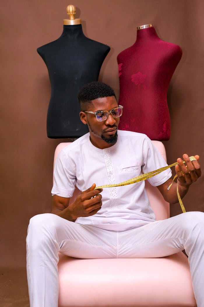 Tailor sitting with measuring tape in hand, surrounded by mannequins.